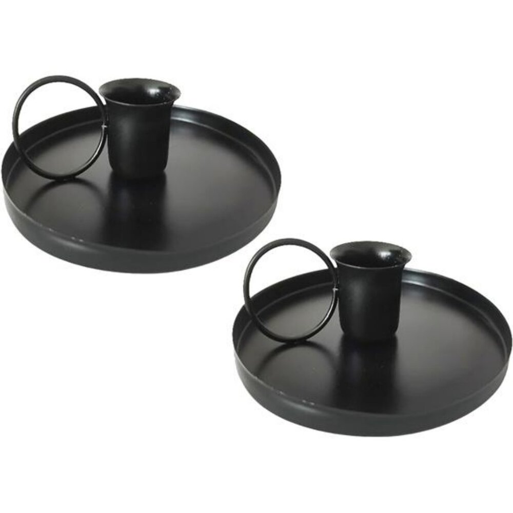 Set of 2 black iron taper candle holders 4 inch round base wedding table decor
